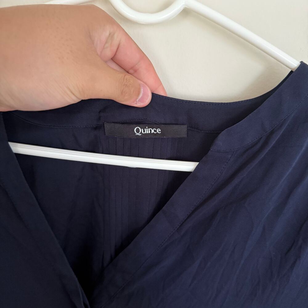 Quince | Summer Work Business Washable Stretch Silk Split Neck Blouse in Navy L - Picture 4 of 12